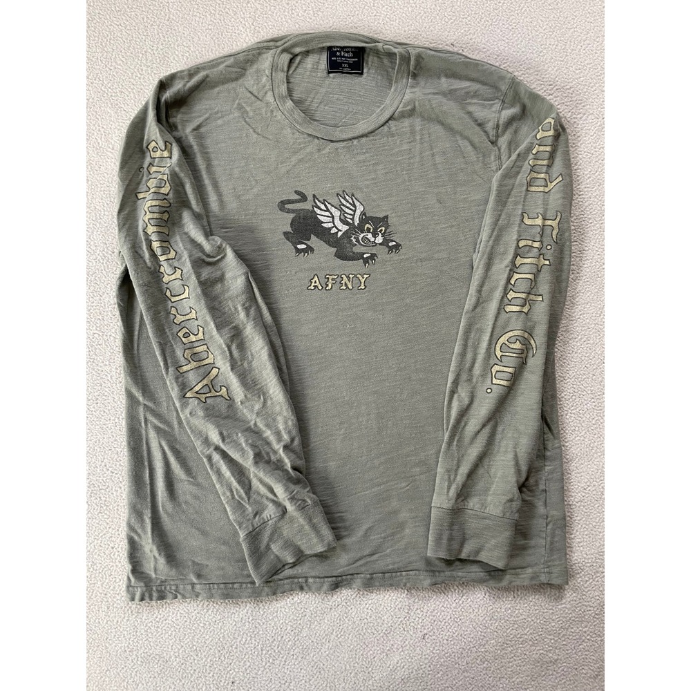 Abercrombie Mens XXL Long Sleeve T-Shirt Green AFNY Winged Cat Graphic Graphic